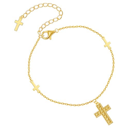 Gold Cross Bracelet for Women, Dainty 18K Gold Plated Double Pendant Jewelry, Sparkling Zirconia Prayer Bracelet, Adjustable Link Chain Lobster Clasp (5.9in + 2.4in) - style: Design Cross Bracelet