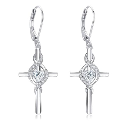 ONEFINITY Cross Earrings for Women 925 Sterling Silver Cross Birthstone Dangle Drop Earrings Infinity Cross Religious Jewelry Gifts for Women - color: 04-April-White Zirconia