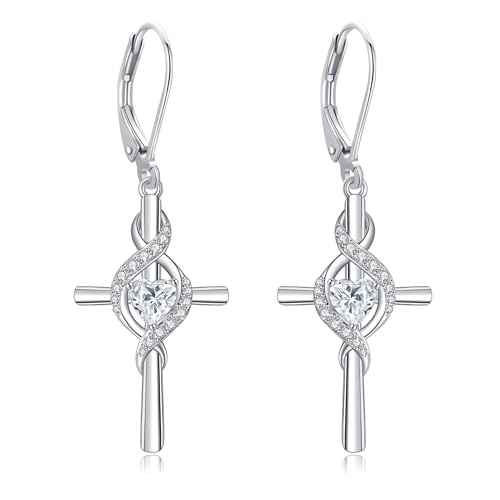 ONEFINITY Cross Earrings for Women 925 Sterling Silver Cross Birthstone Dangle Drop Earrings Infinity Cross Religious Jewelry Gifts for Women - color: 04-April-White Zirconia