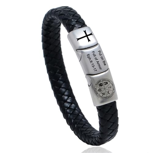 Knights Templar Seal Bracelet for Men,Handmade Leather Put on The Full Armor of God Cuff Bangle Ephesians 6 13-17 Bracelets Faith of Shield Jewelry Amulet Gift for Confirmation,Xmas - color: Black