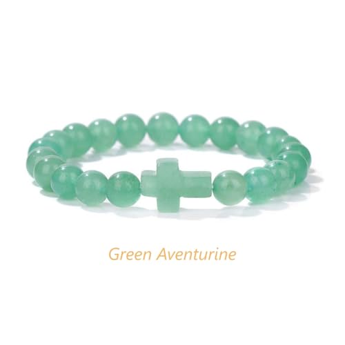 8mm Gemstone Cross Bracelet for Women Men – Stretch Beaded Faith Bracelet with Sideways Cross (Multiple Colors) - style: Green Aventurine