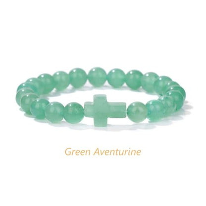8mm Gemstone Cross Bracelet for Women Men – Stretch Beaded Faith Bracelet with Sideways Cross (Multiple Colors) - style: Green Aventurine