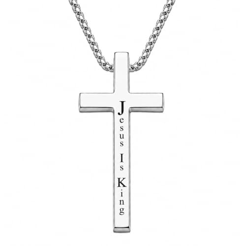 Engraved Cross Necklace for Men, Women & Boys & Girls Cross Necklace, Stainless Steel Cross Pendant Necklace, Faith & Inspiration Christian Jewelry Gift - color: Jesus Is King