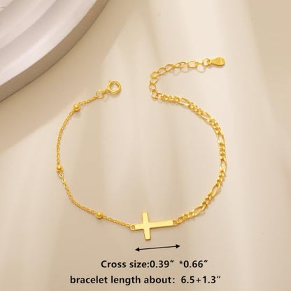 925 Sterling Silver Sideway Cross Charm Link Bracelet for Women - color: Gold