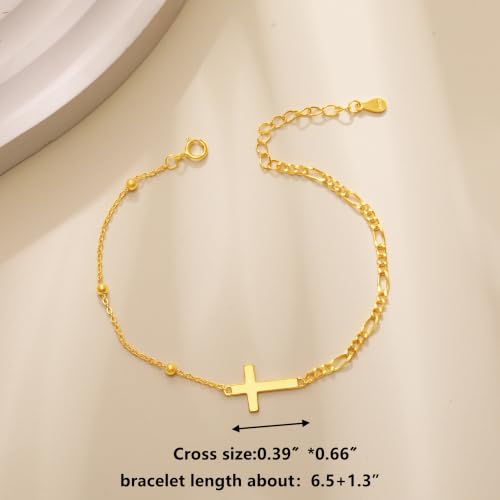 925 Sterling Silver Sideway Cross Charm Link Bracelet for Women - color: Gold