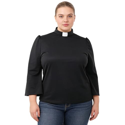 Women's Clergy Shirt Tab Collar Swing Long Sleeve Regular Blouse - color: Black, size: X-Large