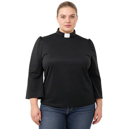 Women's Clergy Shirt Tab Collar Swing Long Sleeve Regular Blouse - color: Black, size: Small
