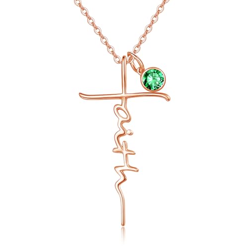 PRAYMOS Faith Cross Necklace for Women 925 Sterling Silver Pendant Necklace With Birthstone Initial Christian Religious Confirmation Baptism Mothers Day Gifts - color: 4-Rose Gold June(Alexandrite )