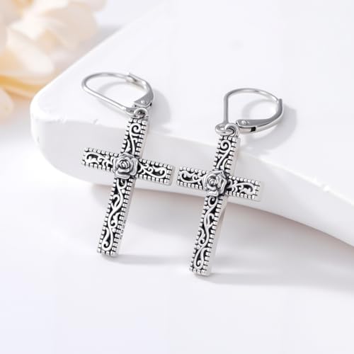925 Sterling Silver Sunflower/Rose/Plumeria/Hibiscus/Mushroom Cross Earrings for Women Hawaiian Flower/Butterfly Cross Dangle Drop Earrings Jewelry Faith Christian Gift for Her Daughter Wife Girlfriend - style: Rose
