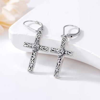 925 Sterling Silver Sunflower/Rose/Plumeria/Hibiscus/Mushroom Cross Earrings for Women Hawaiian Flower/Butterfly Cross Dangle Drop Earrings Jewelry Faith Christian Gift for Her Daughter Wife Girlfriend - style: Rose