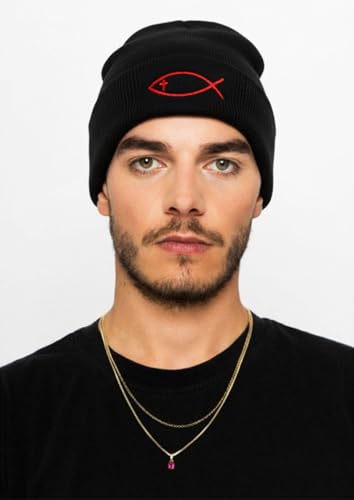 Christian Jesus Fish Beanie Hat for Men Women, Cuffed Beanie Jesus Hats, Religious Gifts for Christmas, New Years - color: Black, style: Cross Fish