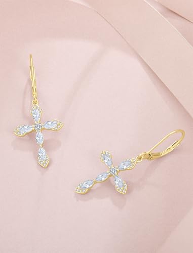 Birthstone Cross Earrings for Women 925 Sterling Silver - color: 04 April - Zirconia - Yellow Gold Plated