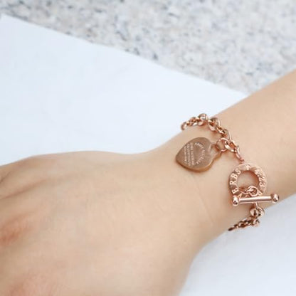 Heart Charm Bracelet Plated 18K Gold/Silver/Rose Gold Bible Scripture Heart Bracelet for Women Jewelry Gift Her Link Chain OT Clasp Stainless Steel - color: Rose Gold（7.1 inch）