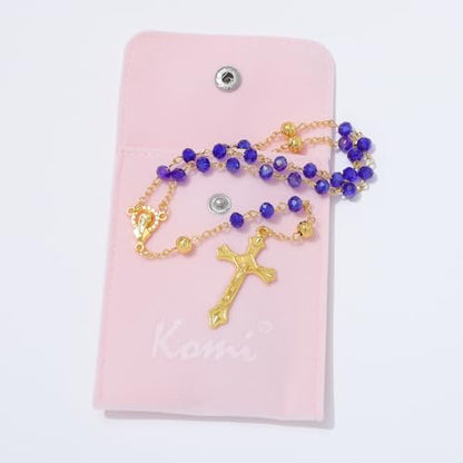 KOMI Crystal Rosary Beads with Jesus Crucifix, Catholic Necklace for Women First Communion Rosarios Wedding Rosary with Velvet Bag - style: 6MM-blue-2