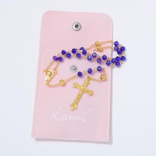 KOMI Crystal Rosary Beads with Jesus Crucifix, Catholic Necklace for Women First Communion Rosarios Wedding Rosary with Velvet Bag - style: 6MM-blue-2