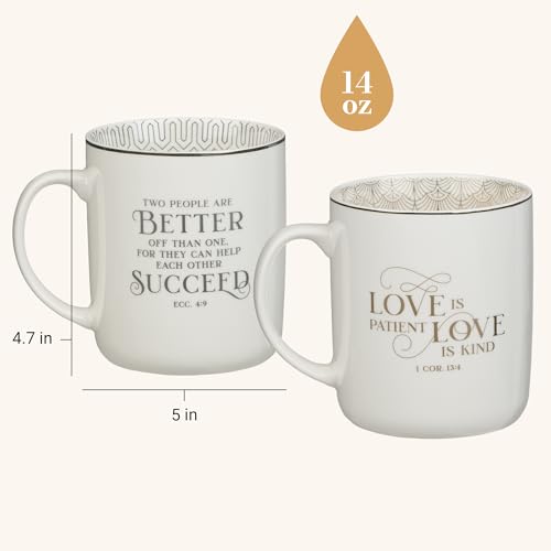 Christian Art Gifts Inspirational Novelty Ceramic Coffee & Tea Mug Set for Husbands & Wives: Mr. & Mrs. Encouraging Scripture, Weddings, Anniversaries, White/Silver/Gold, Pack of Two Large 14 oz. Cups