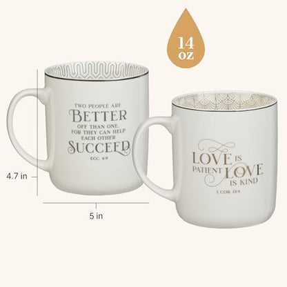 Christian Art Gifts Inspirational Novelty Ceramic Coffee & Tea Mug Set for Husbands & Wives: Mr. & Mrs. Encouraging Scripture, Weddings, Anniversaries, White/Silver/Gold, Pack of Two Large 14 oz. Cups