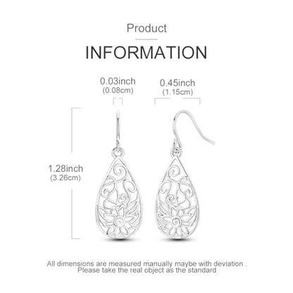 925 Sterling Silver Dangle Earrings for Women Filigree Teardrop Linear Drop Celtic Knot Statement Ear Bling Jewelry Crystal Clover Dragonfly Dangling Hook Helix Piercings - color: Filigree Teardrop