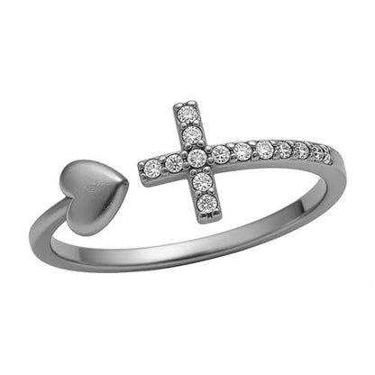 ZDIFDIC Cross Rings for Teen Girls Silver/Gold Heart Ring Cubic Zirconia Adjustable Ring Inspirational Pray Cross Heart Religious Christian Faith Jewelry Gifts for Her(Silver)8# - color: silver 8#