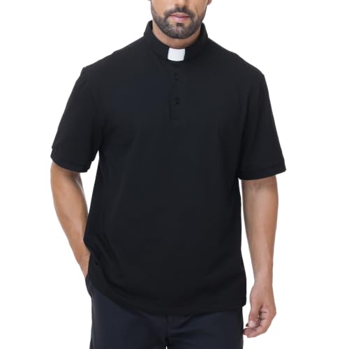 Men's Short Sleeve Clergy Polo Shirt Tab Collar Cotton Blend - color: Black, size: 3X-Large