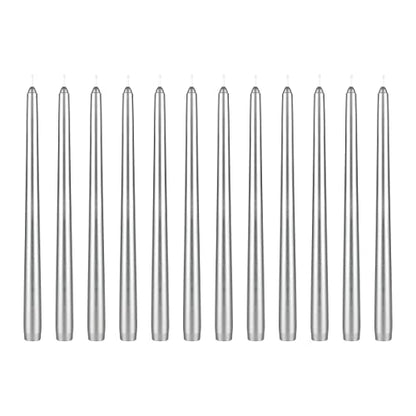 Mega Candles 12 pcs Unscented Silver Taper Candles, Hand Poured Wax Candle 12 Inch x 7/8 Inch, Home Décor, Wedding Receptions, Centerpieces, Occasions, Events, Romantic Dinners, Prayer, Holders - color: Silver