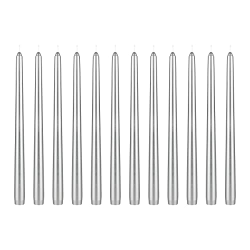 Mega Candles 12 pcs Unscented Silver Taper Candles, Hand Poured Wax Candle 12 Inch x 7/8 Inch, Home Décor, Wedding Receptions, Centerpieces, Occasions, Events, Romantic Dinners, Prayer, Holders - color: Silver