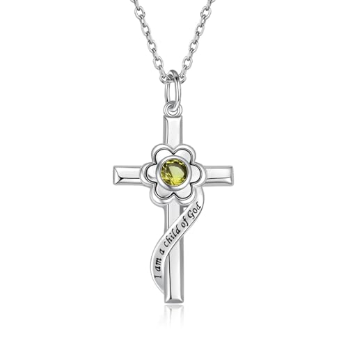 I am a Child of God Necklace - 925 Sterling Silver Birthstone Flower Cross Pendant Religious Jewelry Baptism First Communion Confirmation Gifts for Girls - style: Aug.