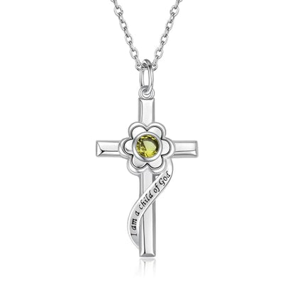I am a Child of God Necklace - 925 Sterling Silver Birthstone Flower Cross Pendant Religious Jewelry Baptism First Communion Confirmation Gifts for Girls - style: Aug.