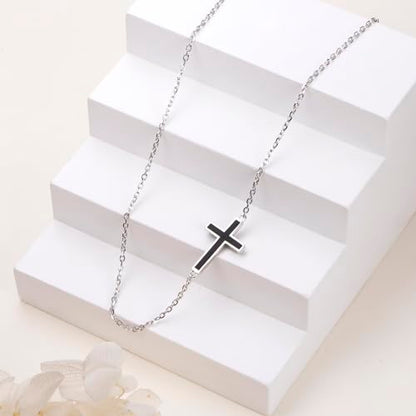 DAOCHONG S925 Sterling Silver Sideways Cross Choker Necklace 14+4 Inch - color: Silver-Black