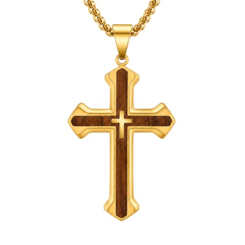 14K Gold Plated Wood Cross Necklace for Men Christian Pendant Jewelry - color: A04-Cross