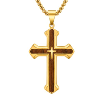 14K Gold Plated Wood Cross Necklace for Men Christian Pendant Jewelry - color: A04-Cross