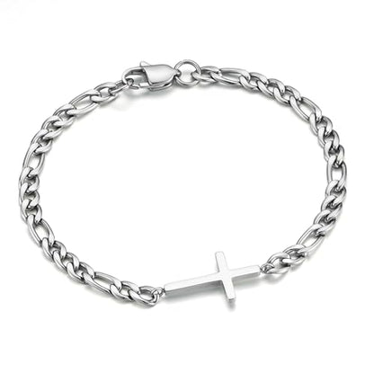 M MOOHAM Cross Bracelet for Men, Silver/14K Gold Plated Mens Bracelet - color: Silver Plated Figaro Chain-7.5Inch
