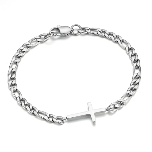 M MOOHAM Cross Bracelet for Men, Silver/14K Gold Plated Mens Bracelet - color: Silver Plated Figaro Chain-8.3Inch