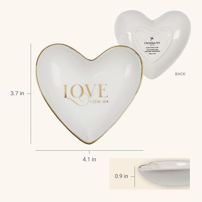 Christian Art Gifts Scripture Inspired Decorative Ceramic Heart Shaped Trinket Tray Dish for Women: Love, Cute Small Novelty Jewelry Storage Holder for Rings, Necklaces, Bracelets, Watches, White/Gold