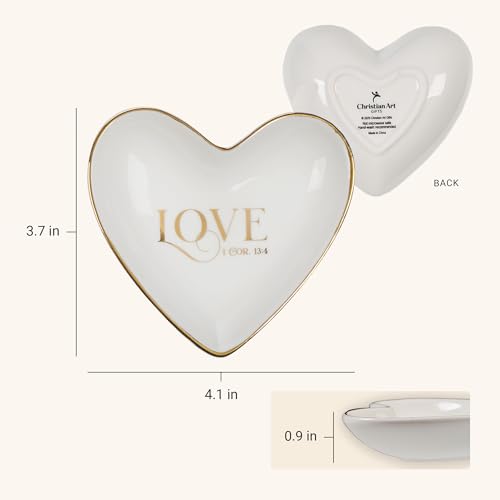 Christian Art Gifts Scripture Inspired Decorative Ceramic Heart Shaped Trinket Tray Dish for Women: Love, Cute Small Novelty Jewelry Storage Holder for Rings, Necklaces, Bracelets, Watches, White/Gold