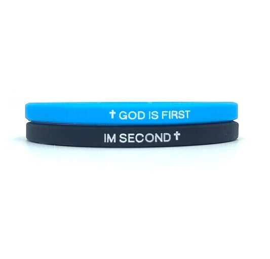 Pingyongchang GOD IS FIRST Bracelet, IM SECOND Bangles,Christian Religious Rubber Bracelet for Women Men,Inspirational Bible Verse Wristbands,Motivational Encouragement Gift - style: B Blue Black