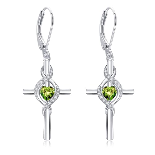 ONEFINITY Cross Earrings for Women 925 Sterling Silver Cross Birthstone Dangle Drop Earrings Infinity Cross Religious Jewelry Gifts for Women - color: 08-Aug-Created Peridot