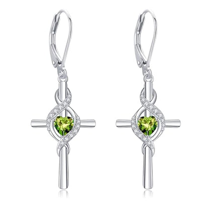 ONEFINITY Cross Earrings for Women 925 Sterling Silver Cross Birthstone Dangle Drop Earrings Infinity Cross Religious Jewelry Gifts for Women - color: 08-Aug-Created Peridot