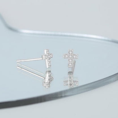 925 Sterling Silver Cross Earrings for Women, Small 14k Gold Plated Cubic Zirconia Earrings Studs Hypoallergenic for Women Gifts