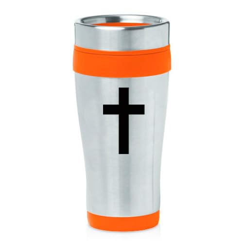 16oz Insulated Stainless Steel Travel Mug Coffee Mug Tumbler Cross Christian (Orange) - color: Orange