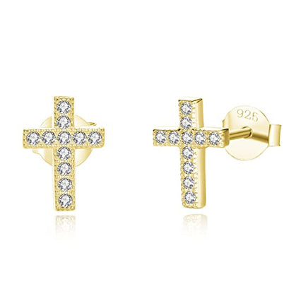 925 Sterling Silver Cubic Zirconia Petite Small Cross Stud Earrings Hypoallergenic For Women - color: Gold