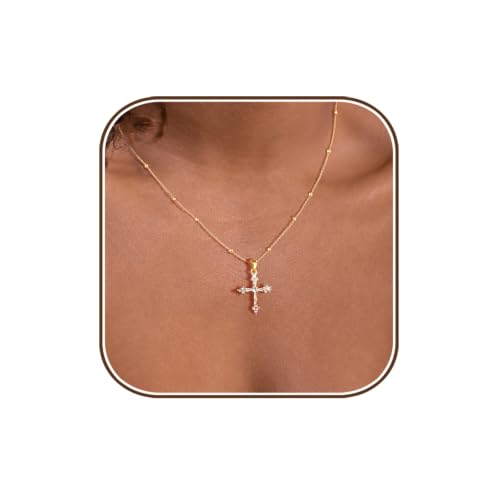 Cross Necklace for Women,14K Gold Plated Cross Pendant Necklace Jewelry - color: GD-Beads