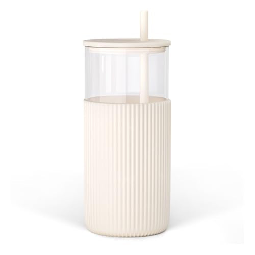 SANDJEST Glass Tumbler with Straw and Lid, Glass Water Bottle with Silicone Sleeve 20oz, Smoothie, Iced Coffee Cup, Gifts for Women Teen Girls Birthday Christmas (Cream) - color: Cream