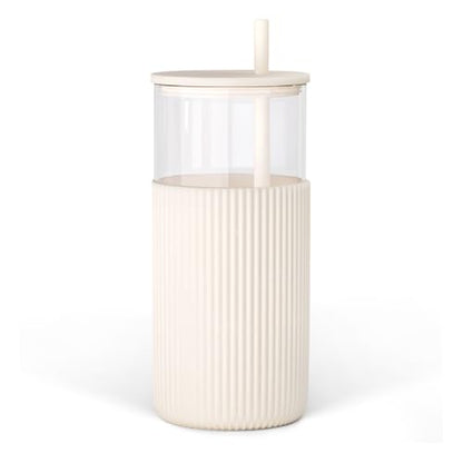SANDJEST Glass Tumbler with Straw and Lid, Glass Water Bottle with Silicone Sleeve 20oz, Smoothie, Iced Coffee Cup, Gifts for Women Teen Girls Birthday Christmas (Cream) - color: Cream