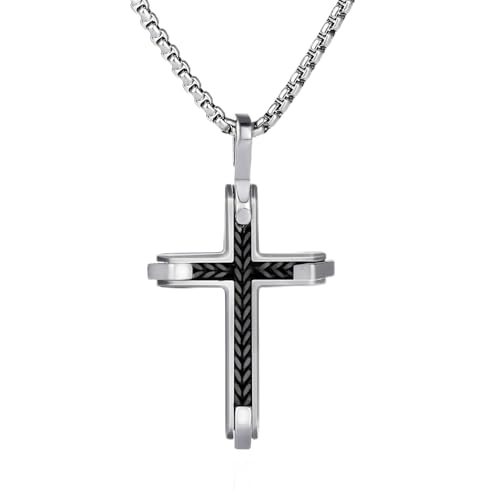 Stainless Steel Cross Necklace for Men with Adjustable Box Chain Christian Cross neckalce Gift - color: Black-Silver