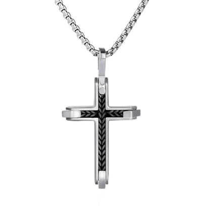 Stainless Steel Cross Necklace for Men with Adjustable Box Chain Christian Cross neckalce Gift - color: Black-Silver
