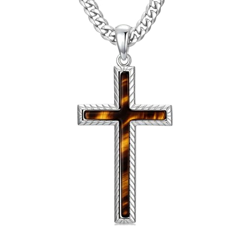 MRENITE Silver Natural Stone Cross Necklace, Classic Latin Cross Pendant Necklace for Unisex Women Man, Vintage Crystal Quartz Cross Necklace with 20+2 Inches Adjustable Cuban Chain - style: Tiger Eye