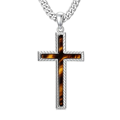 MRENITE Silver Natural Stone Cross Necklace, Classic Latin Cross Pendant Necklace for Unisex Women Man, Vintage Crystal Quartz Cross Necklace with 20+2 Inches Adjustable Cuban Chain - style: Tiger Eye