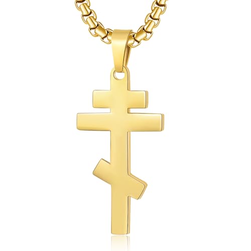 Orthodox stainless steel cross necklace for men and women, simple and retro silver glossy titanium steel cross pendant - color: GOLD-1.2in