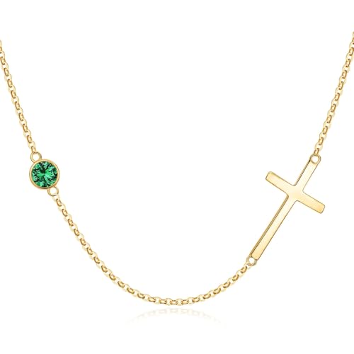 OJK 14K Gold Cross Necklace for Women Sideways Cross Birthstone Jewelry - color: 05-Emerald